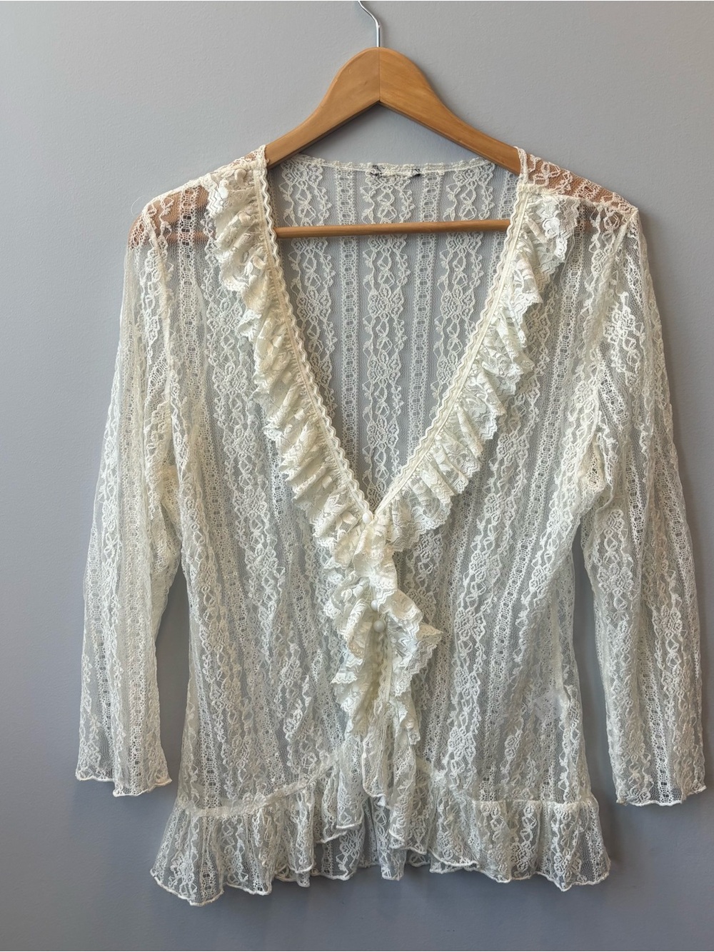 Lace Cardigan ruffle trim white button front v neck fairy Cottagecore